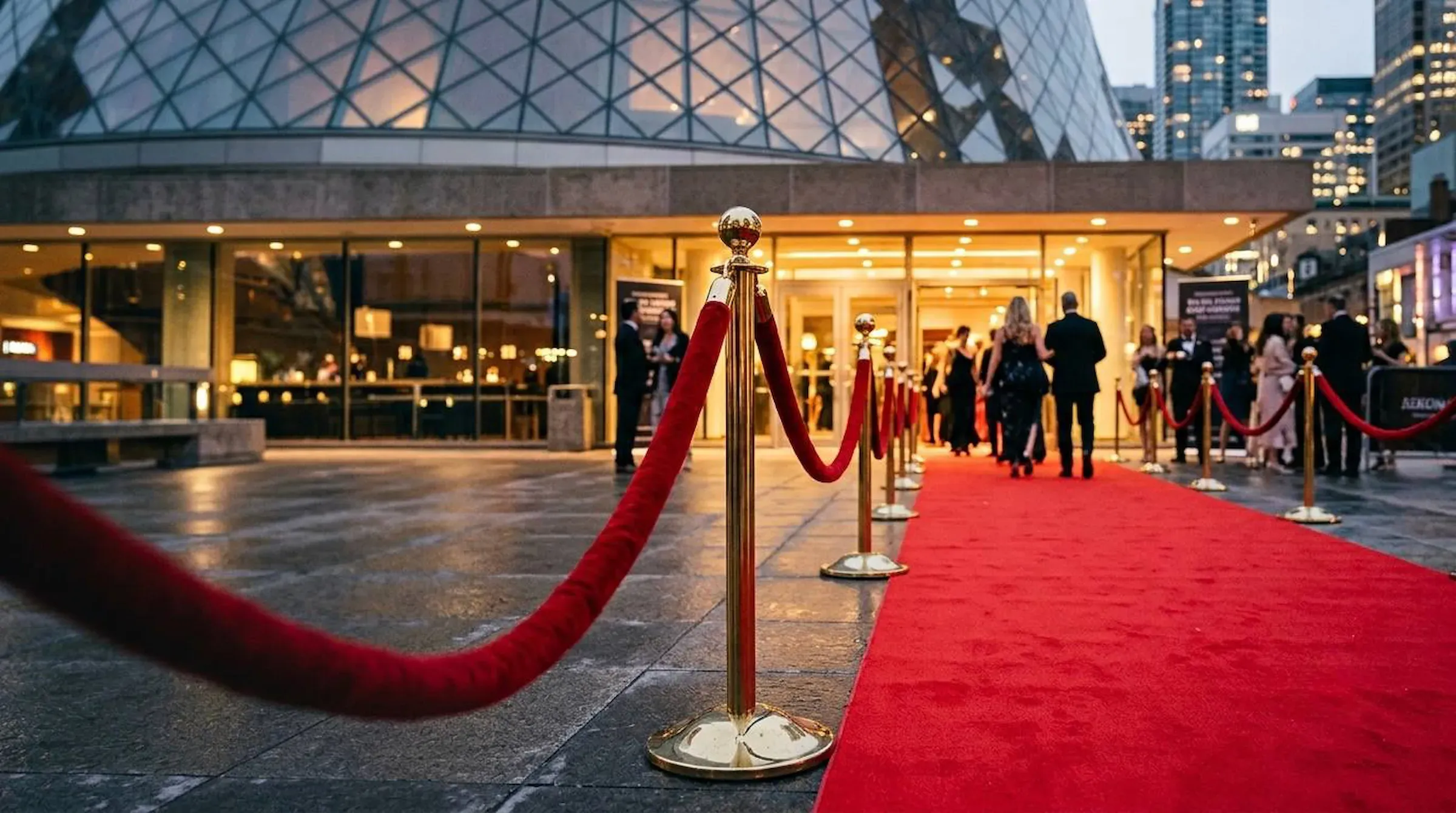 Poteaux à corde et tapis de passage rouge à l’entrée d’un événement